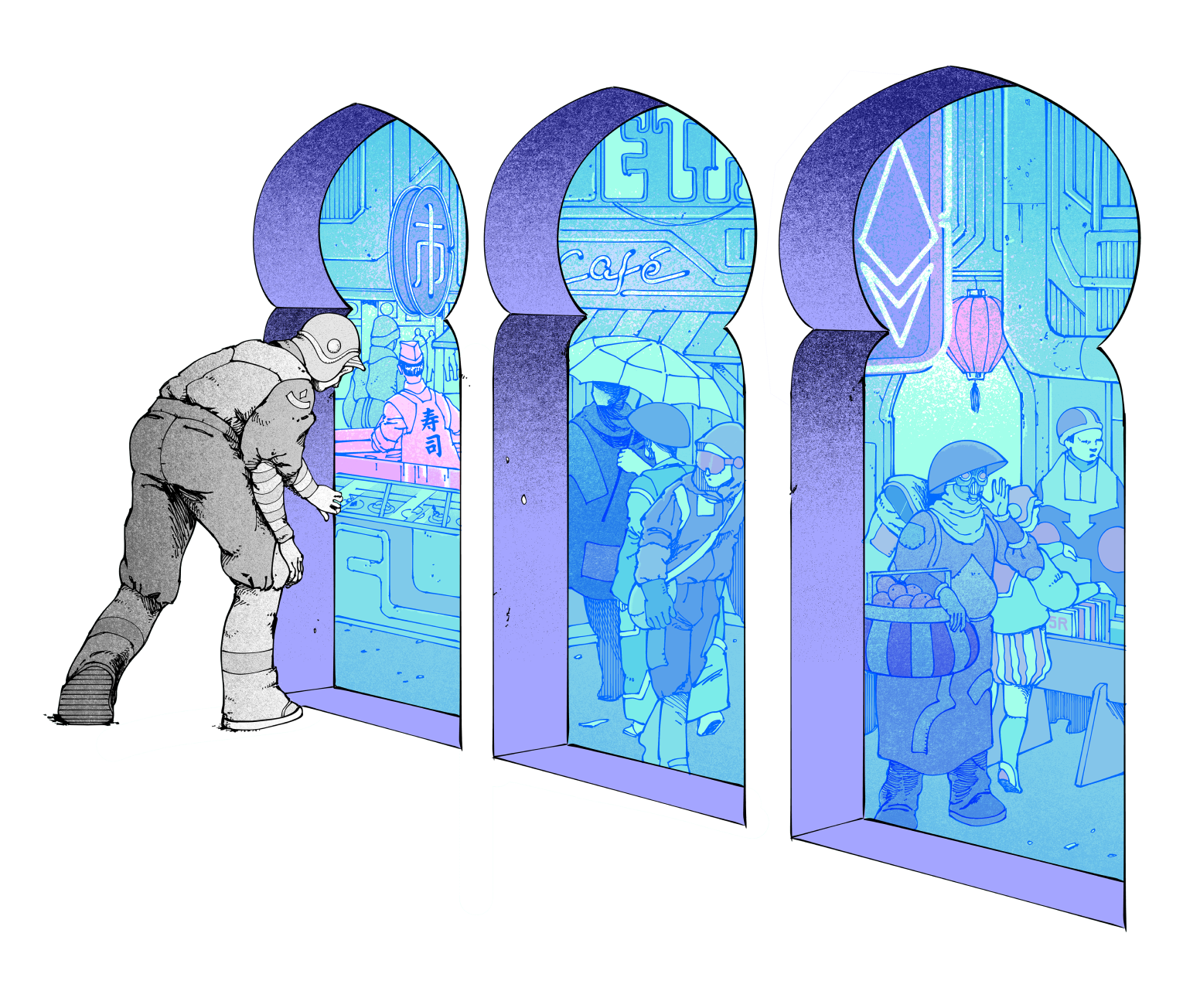 Ilustrasi seseorang yang sedang mengintip sebuah bazar, yang dimaksudkan untuk mewakili Ethereum