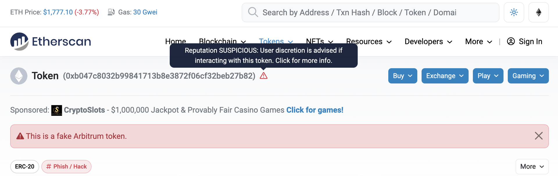 Token palsu di Etherscan