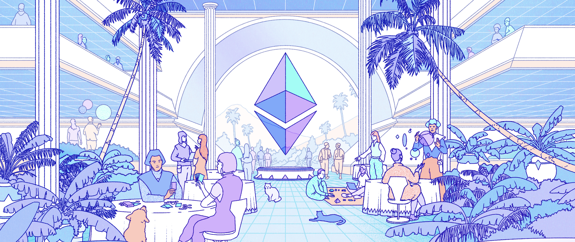 Sebuah ilustrasi kota yang futuristik, menggambarkan ekosistem Ethereum.